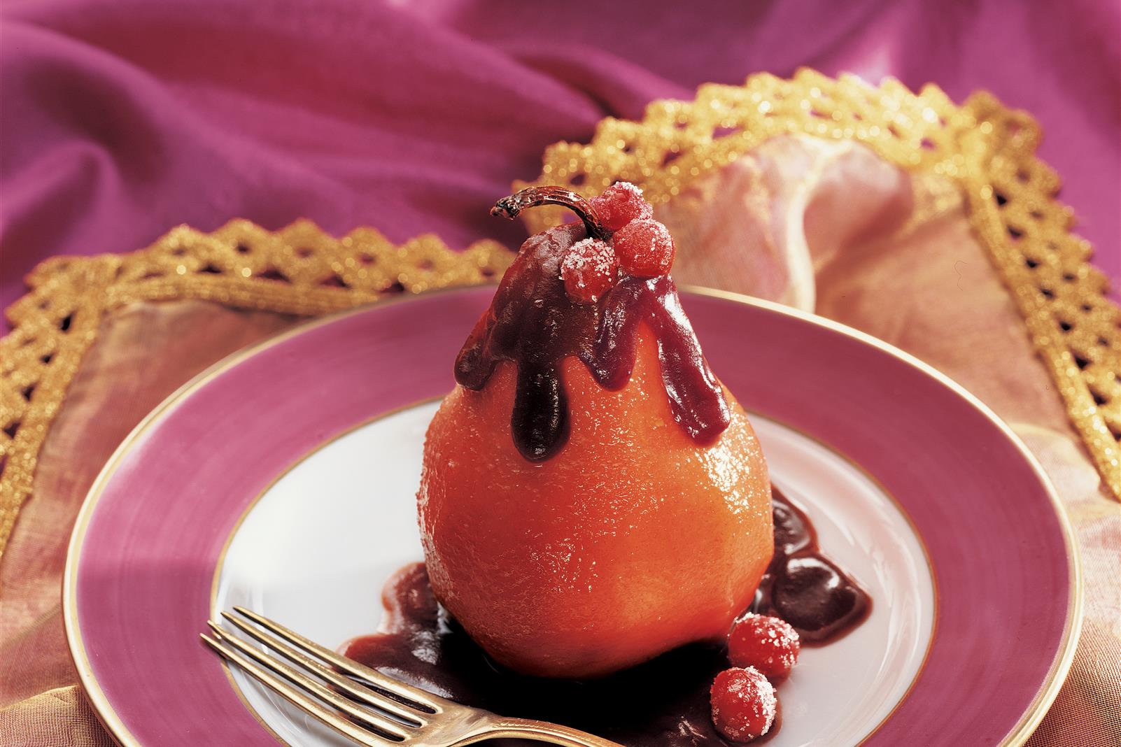 Poached Pears with Chocolate Cranberry Sauce