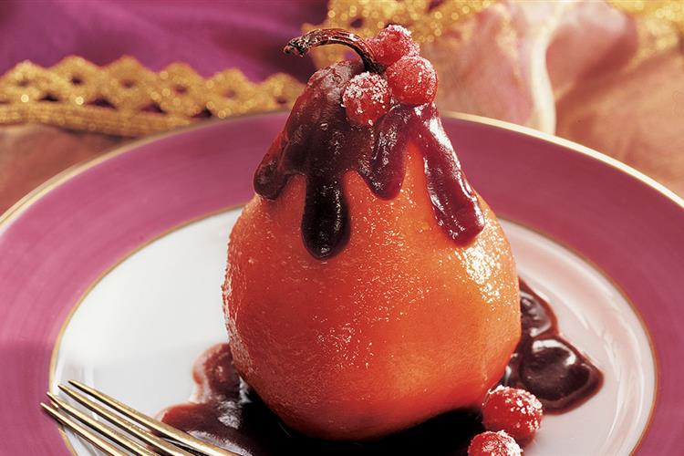 Poached Pears with Chocolate Cranberry Sauce